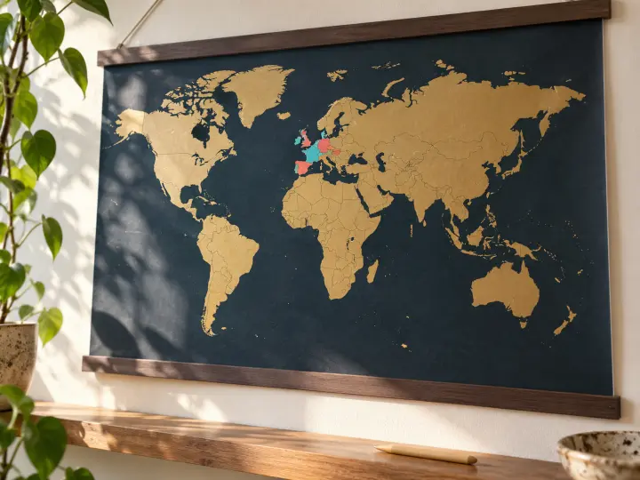 Gold scratch-off world map with colorful revealed countries in western Europe, held by wooden strips on a wall.