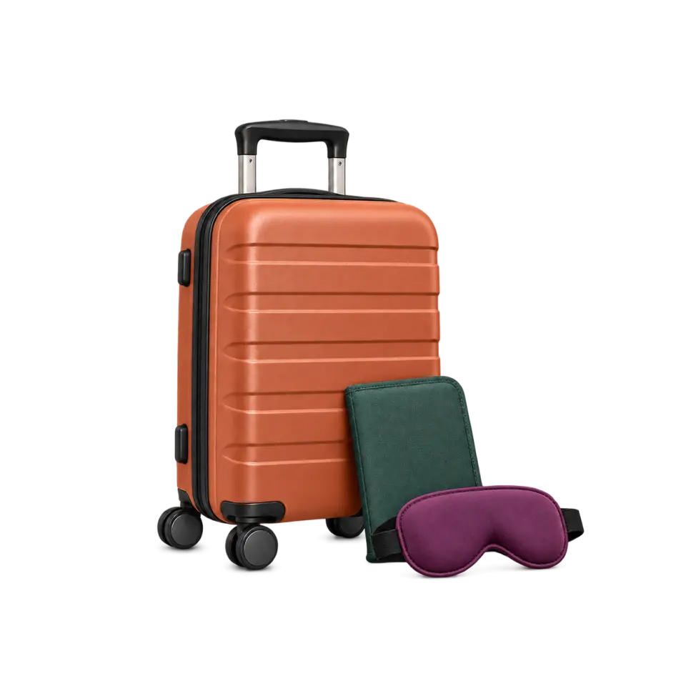 A terracotta cabin suitcase with a green document wallet and plum sleep mask, isolated on a transparent background.