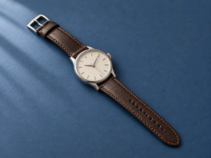 An unbranded round analog watch with an ivory dial and brown leather strap on a slate-blue surface.