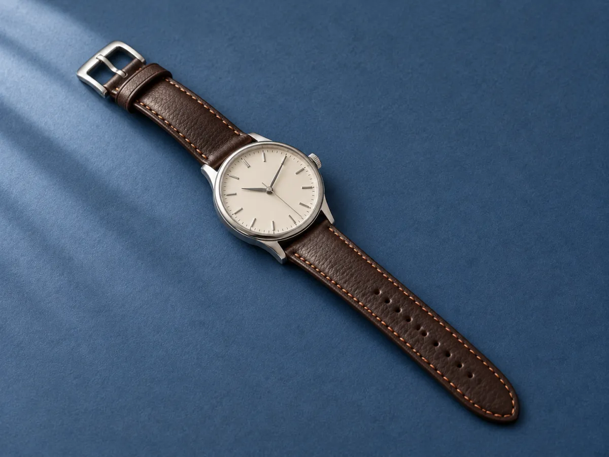 An unbranded round analog watch with an ivory dial and brown leather strap on a slate-blue surface.