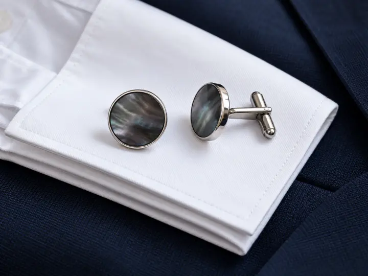 Two round cufflinks with smoky mother-of-pearl-style faces on a white shirt cuff and navy fabric; one shows its toggle back.