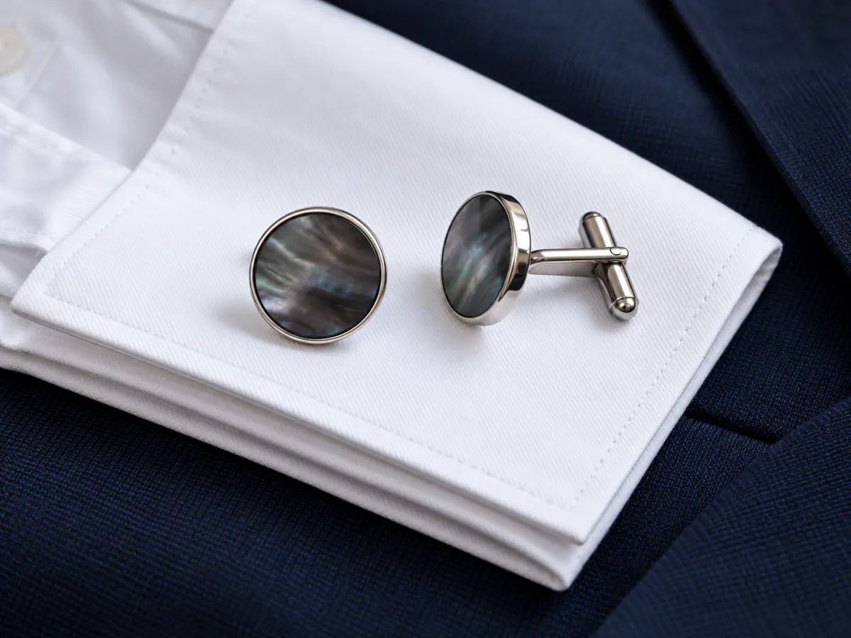 Two round cufflinks with smoky mother-of-pearl-style faces on a white shirt cuff and navy fabric; one shows its toggle back.