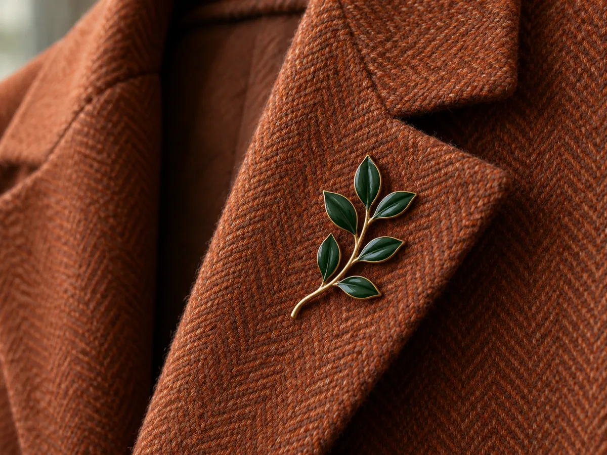 A green enamel leaf-sprig brooch with a brass-colored outline pinned to a rust herringbone coat lapel.