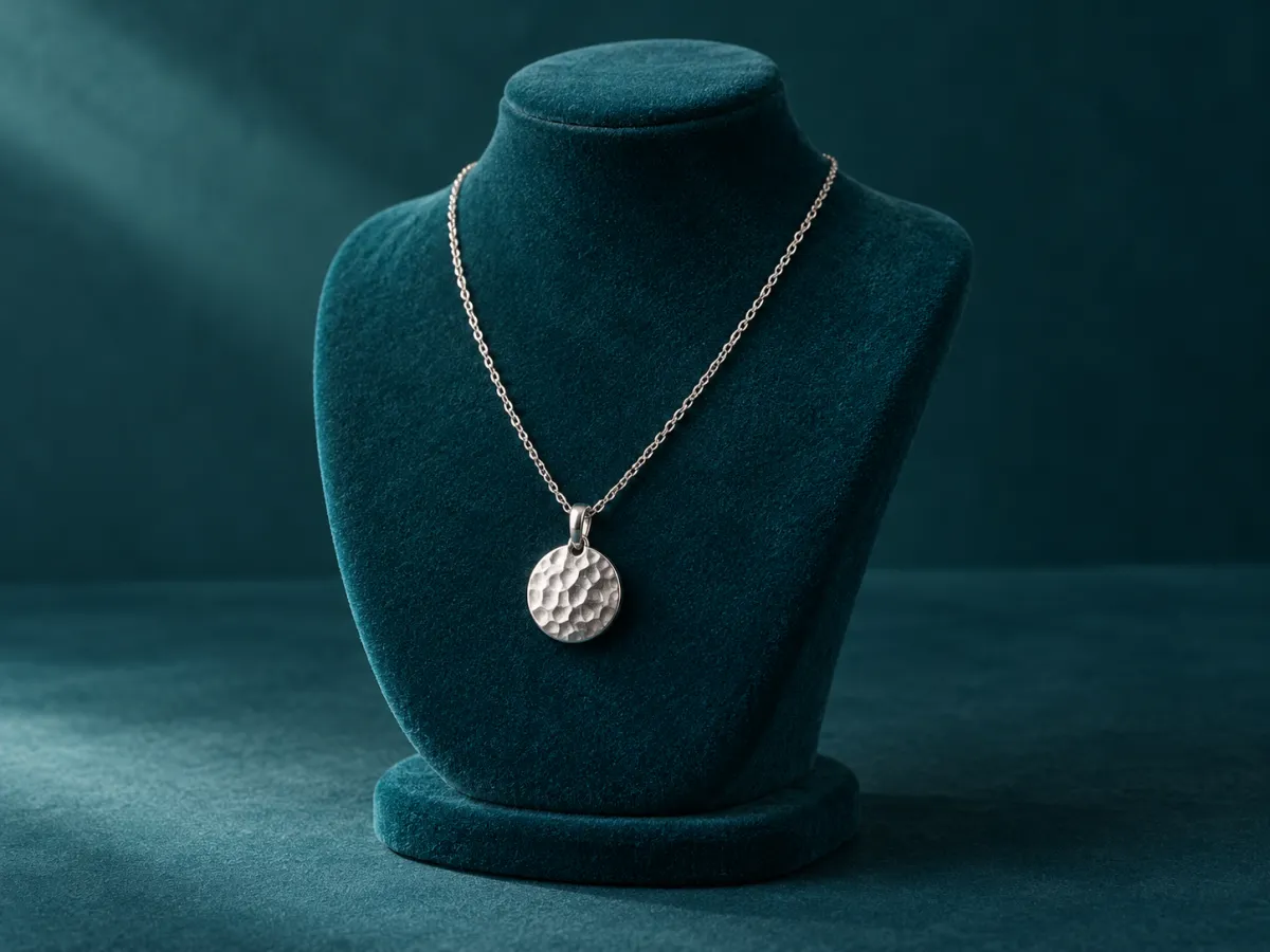A hammered silver-colored round pendant on a fine chain, displayed on a deep teal velvet necklace stand.