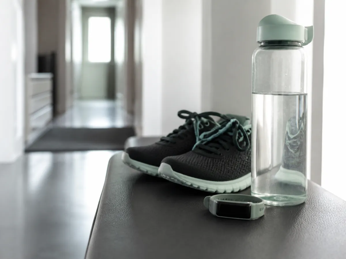 A slim fitness tracker beside running shoes and a clear water bottle on a hallway bench.