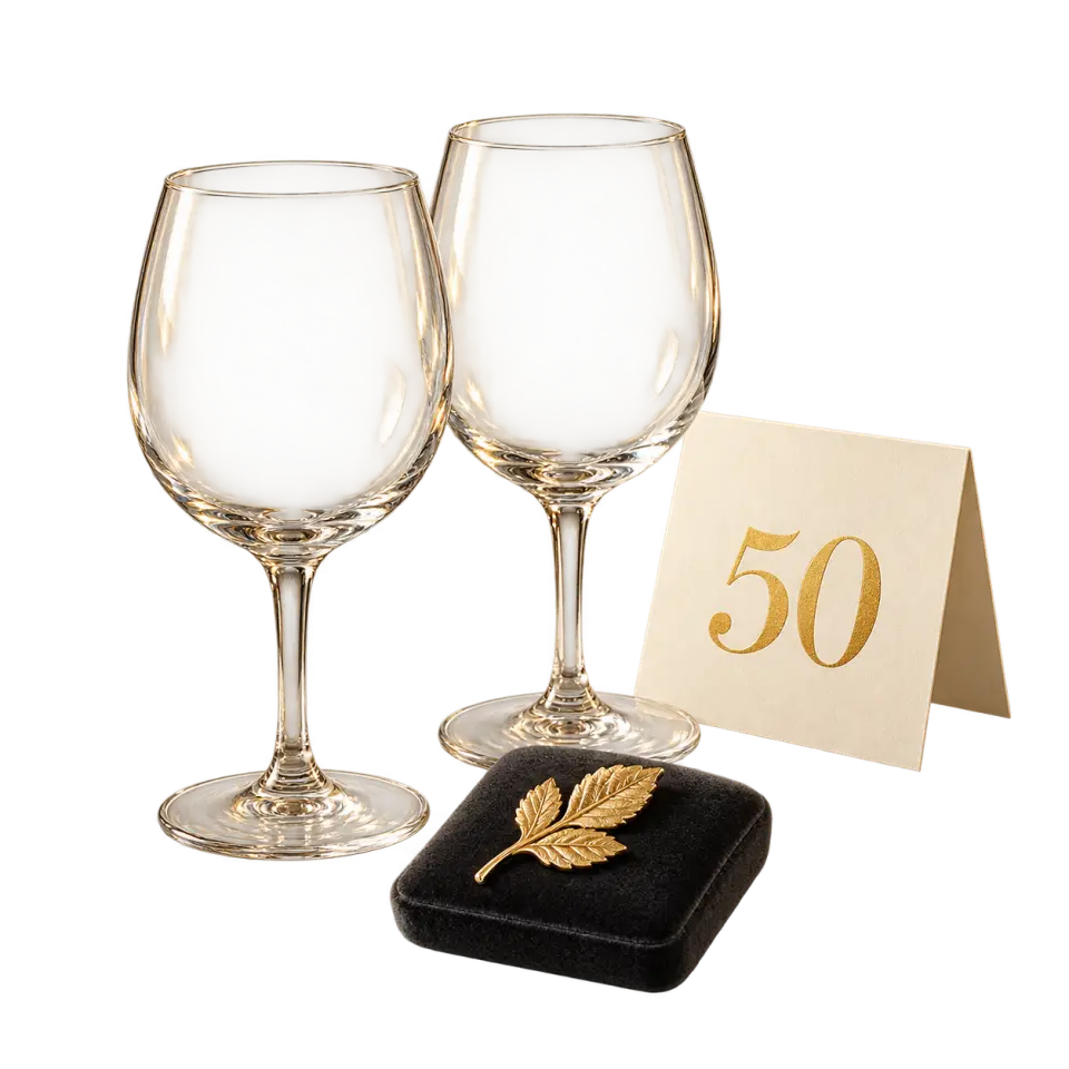 Two empty wine glasses with a card marked 50 and a gold-colored leaf brooch on a charcoal cushion.
