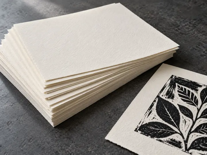Loose textured printmaking sheets beside a small black relief print on a dark studio surface.