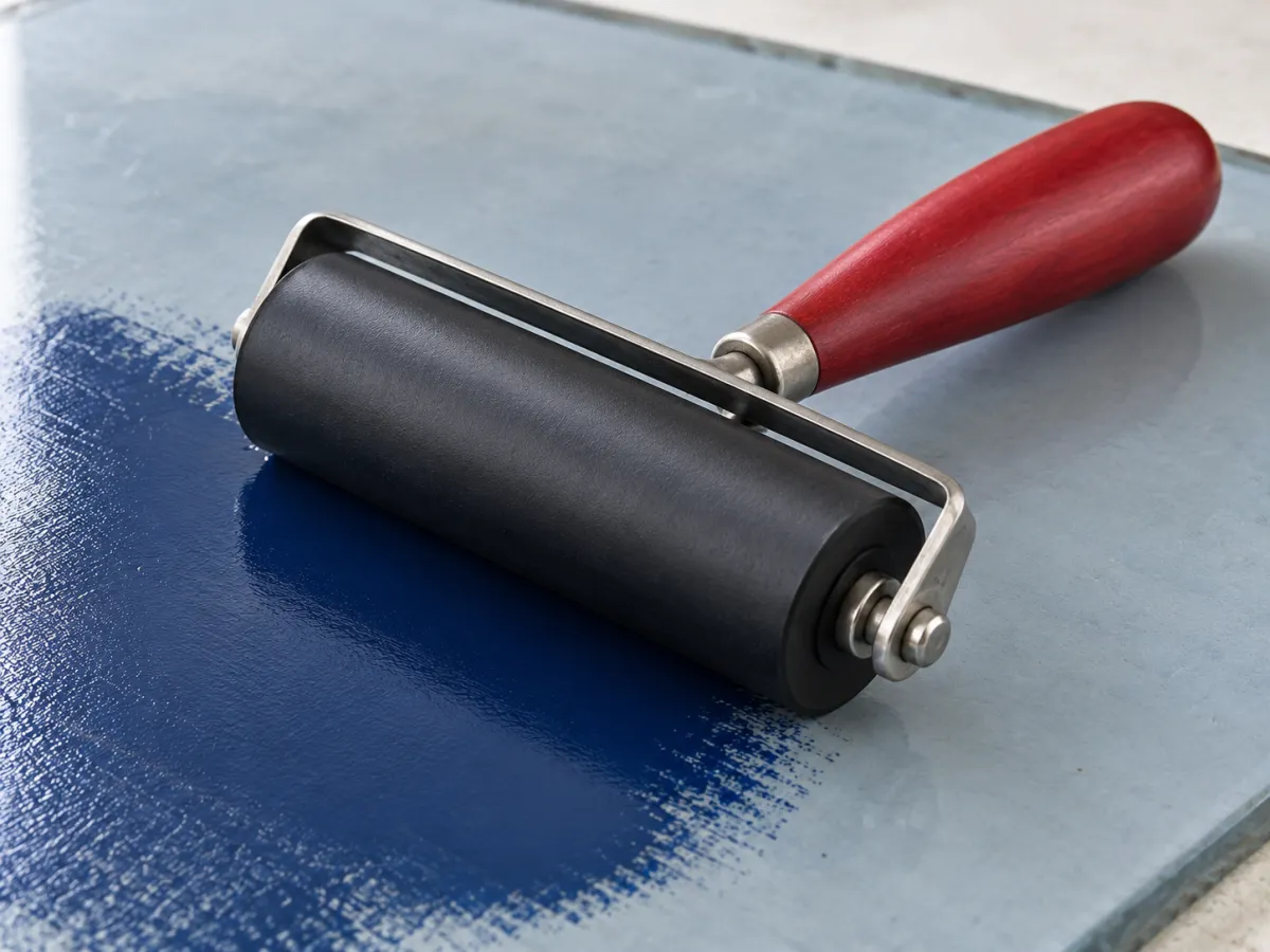 A black rubber printmaking brayer with a red handle resting beside blue ink on a pale slab.