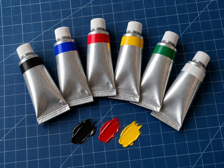 Six unbranded printing ink tubes with colored bands and small pigment samples on a dark blue mat.