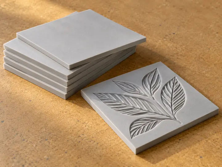 A stack of soft grey carving blocks with one carved leaf design on an ochre work surface.