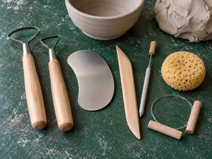 Wooden-handled clay tools, a metal rib, sponge and wire cutter arranged on a green pottery work surface.