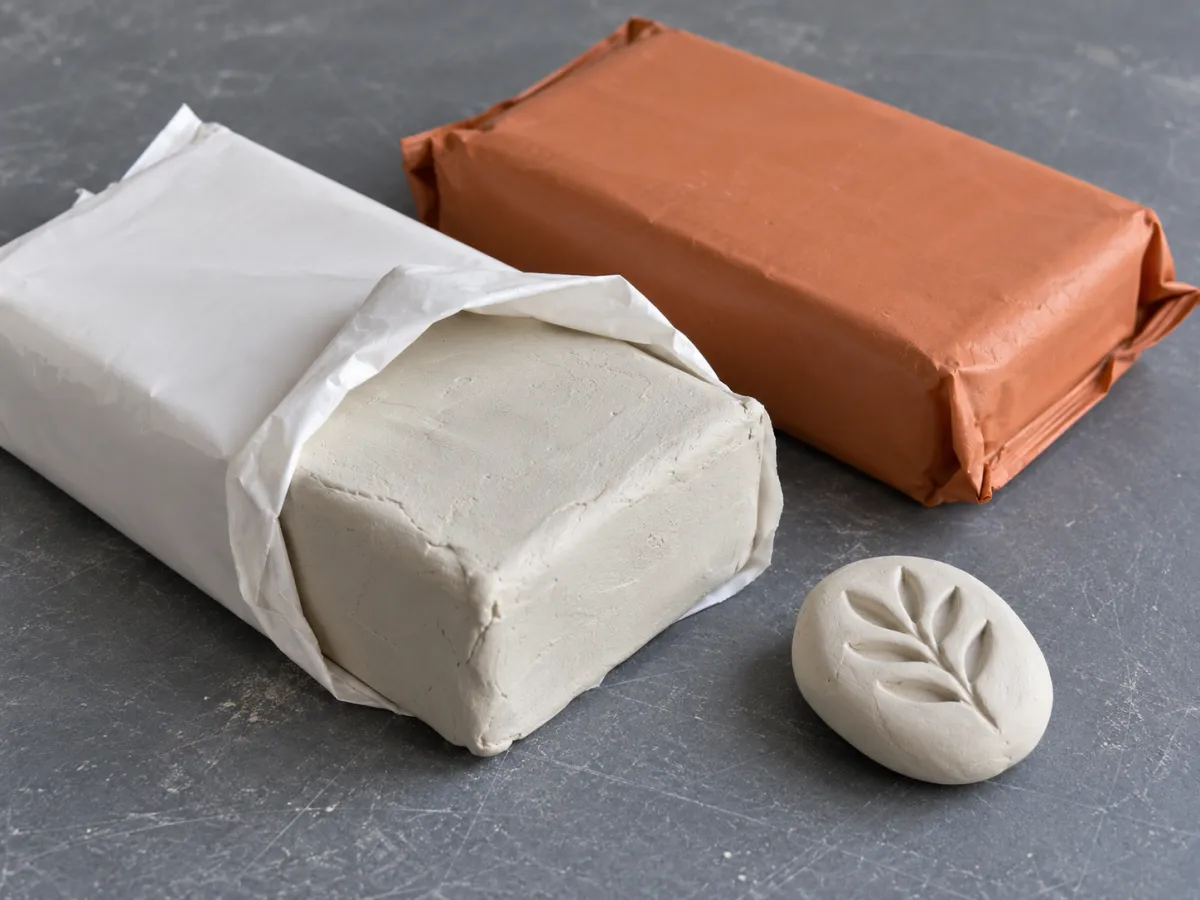 Plain air-dry clay refill packs with an exposed clay block and a small decorative pinched form on a grey mat.