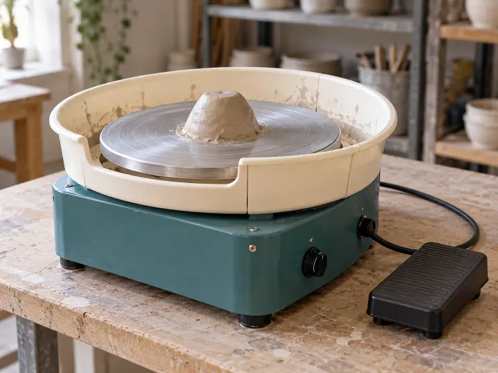 A compact teal electric pottery wheel with an aluminum wheel head, splash pan and connected foot pedal.