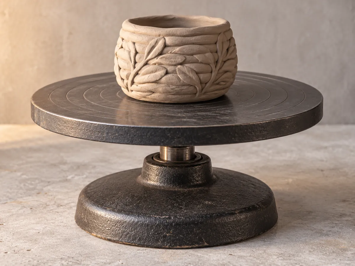 A dark metal manual banding wheel on a short pedestal supporting an unglazed coil-built clay form.
