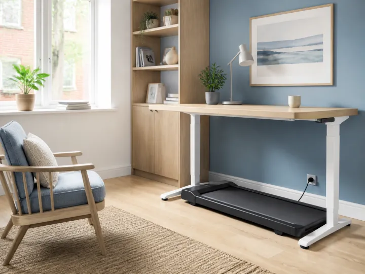 A slim walking pad positioned beneath a standing desk in a bright blue home office.