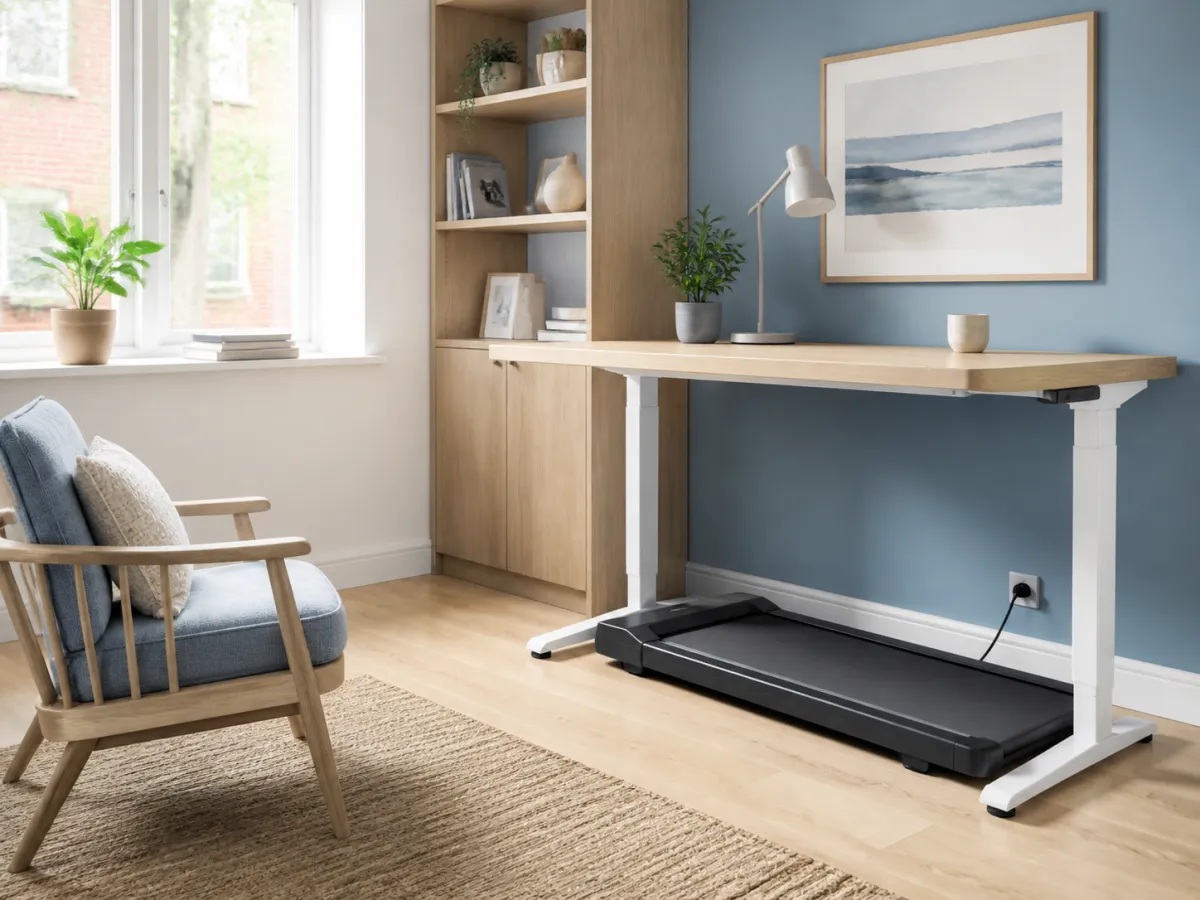 A slim walking pad positioned beneath a standing desk in a bright blue home office.