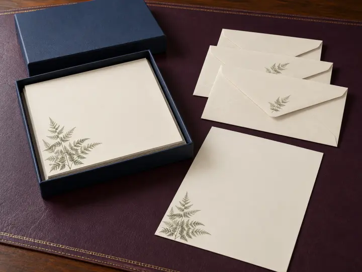 Cream fern-patterned writing paper and matching envelopes beside an open navy stationery box.