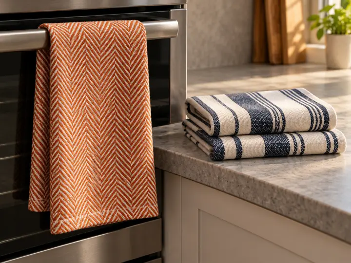 An orange herringbone kitchen towel on an oven handle beside two folded navy-striped towels.
