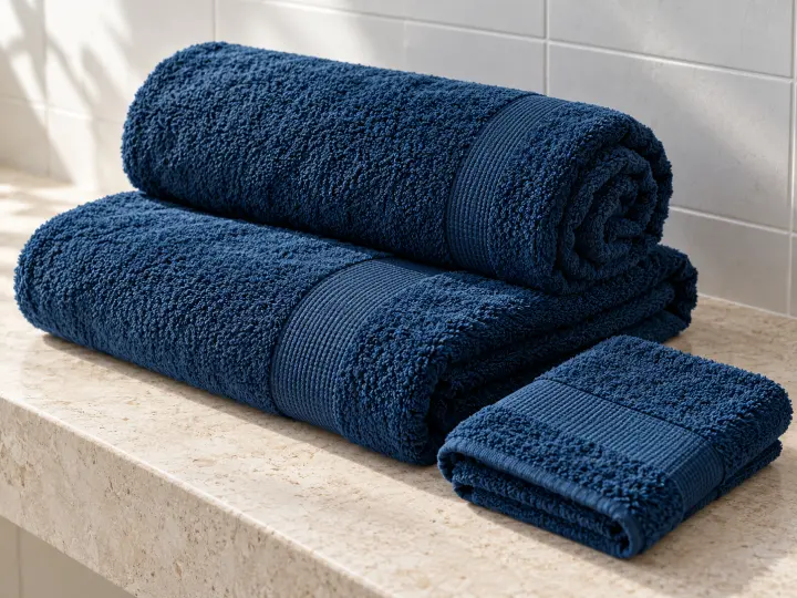 Deep blue cotton bath towels, one rolled and one folded, with a matching smaller hand towel on a stone bench.