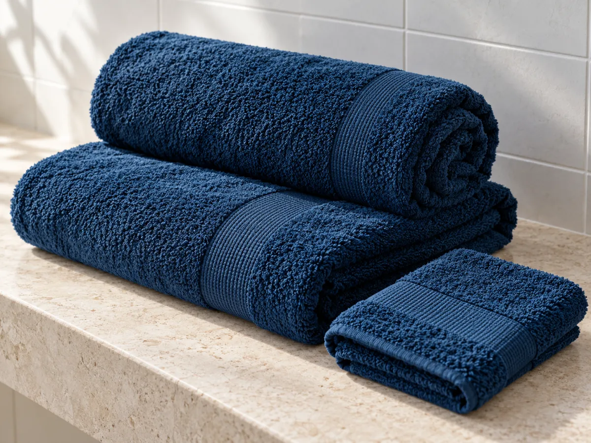 Deep blue cotton bath towels, one rolled and one folded, with a matching smaller hand towel on a stone bench.