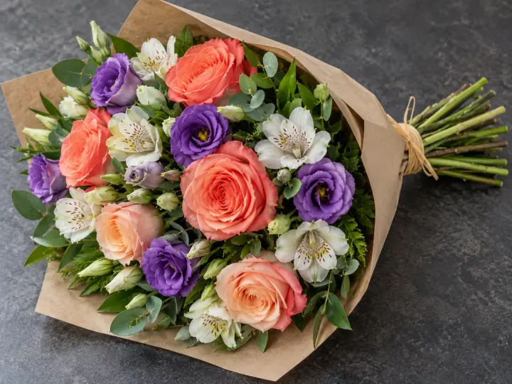 A hand-tied bouquet of coral roses, purple lisianthus and white flowers in simple kraft wrapping.