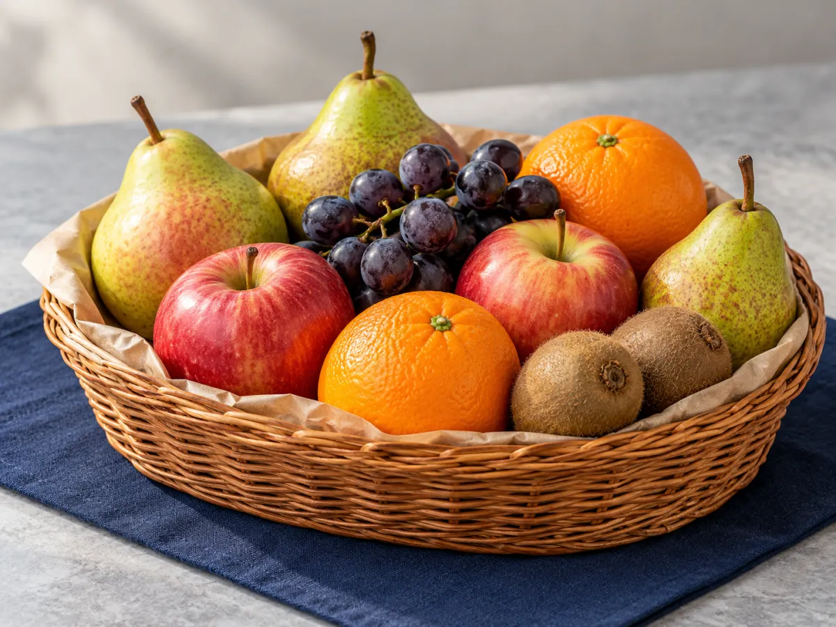 A low wicker gift basket containing fresh pears, apples, oranges, dark grapes and kiwifruit.