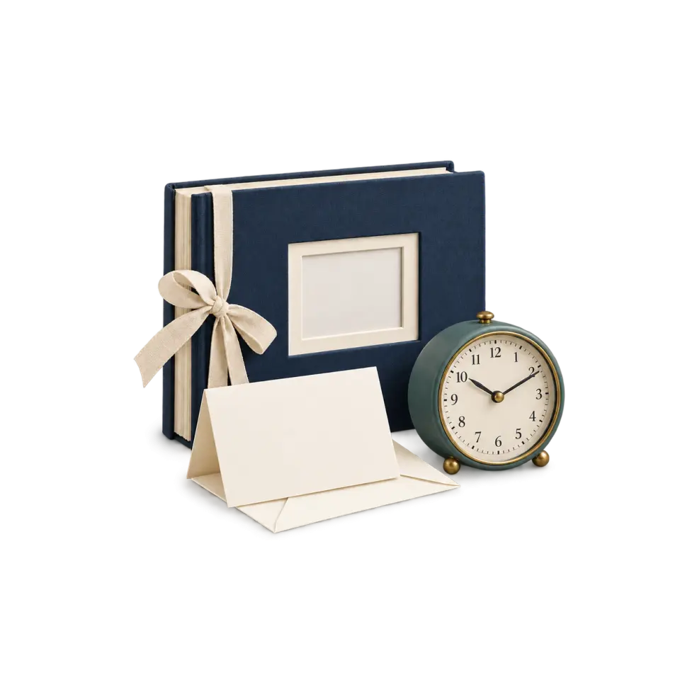 A navy photo album with a cream card and envelope beside a small green-faced mantel clock.