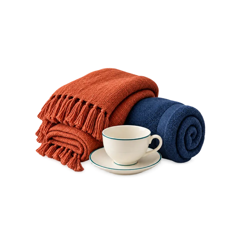 A folded rust-orange throw and rolled navy towel behind a white teacup and saucer with a fine teal rim.