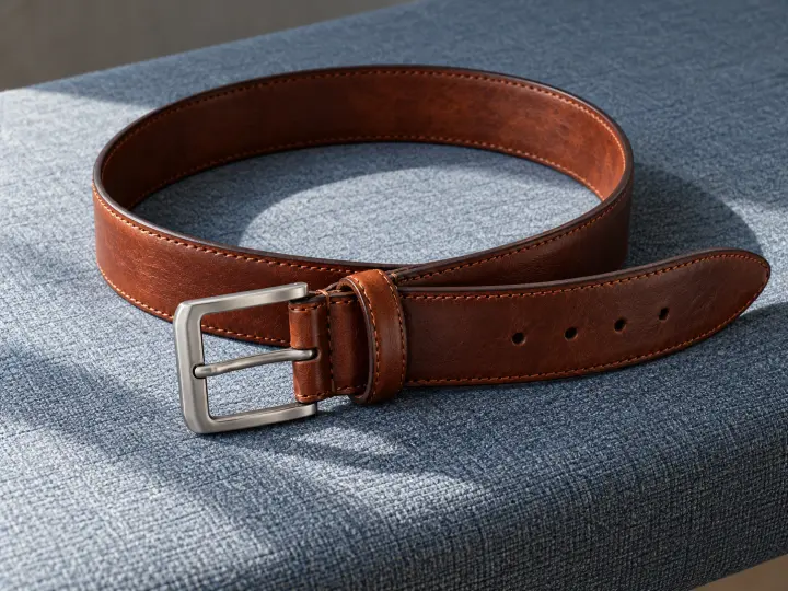 A brown leather belt with a silver buckle loosely coiled on blue-gray fabric.