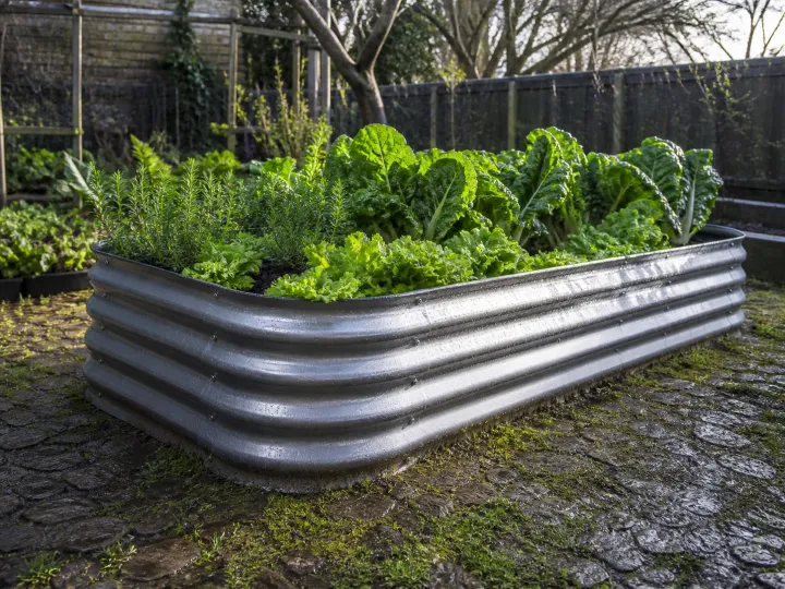 A galvanized raised garden bed filled with leafy vegetables and herbs after rain.