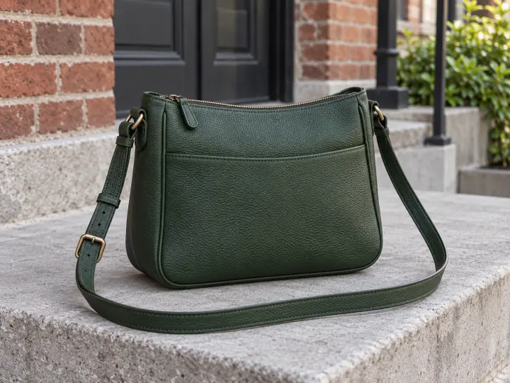 A dark green leather shoulder bag with an adjustable strap on a gray stone ledge.