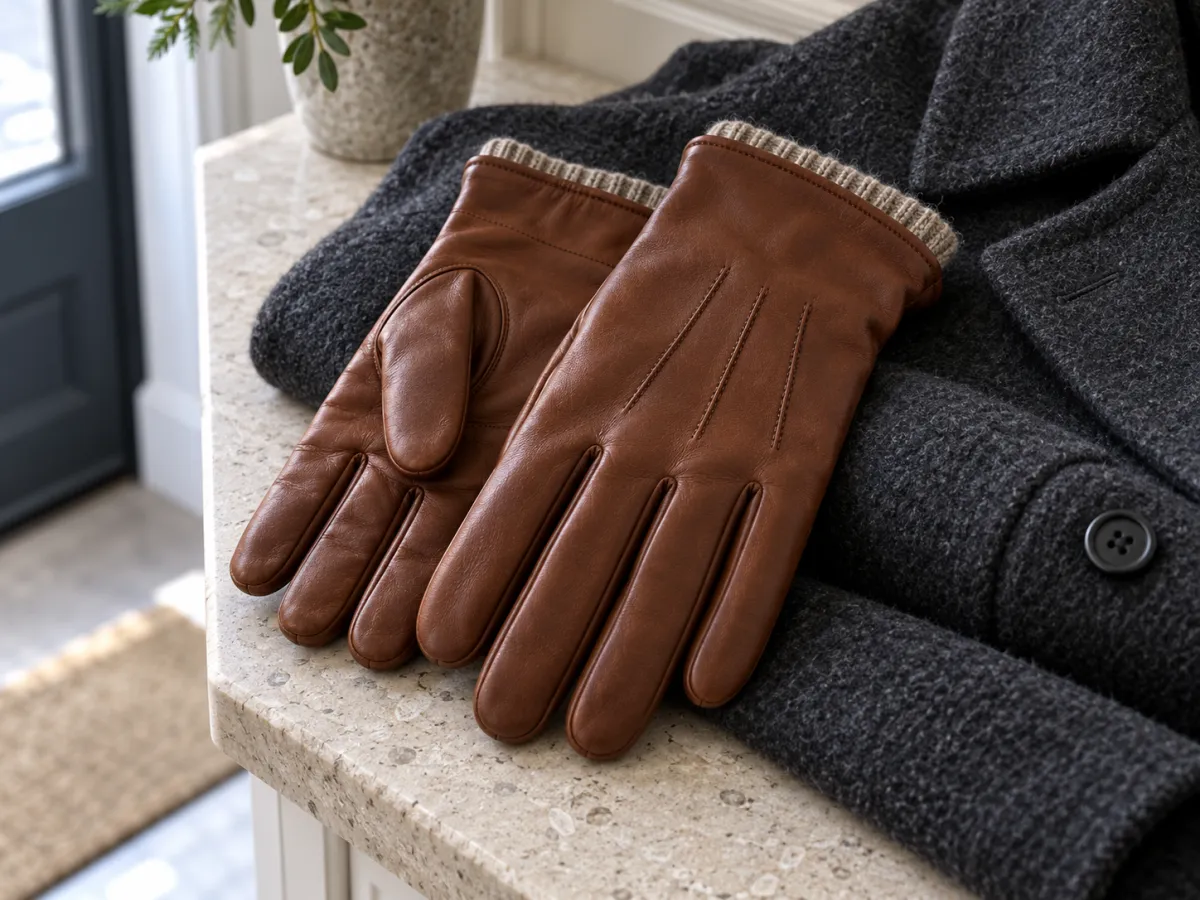 A pair of brown leather gloves with knitted cuffs resting on a charcoal coat and stone shelf.