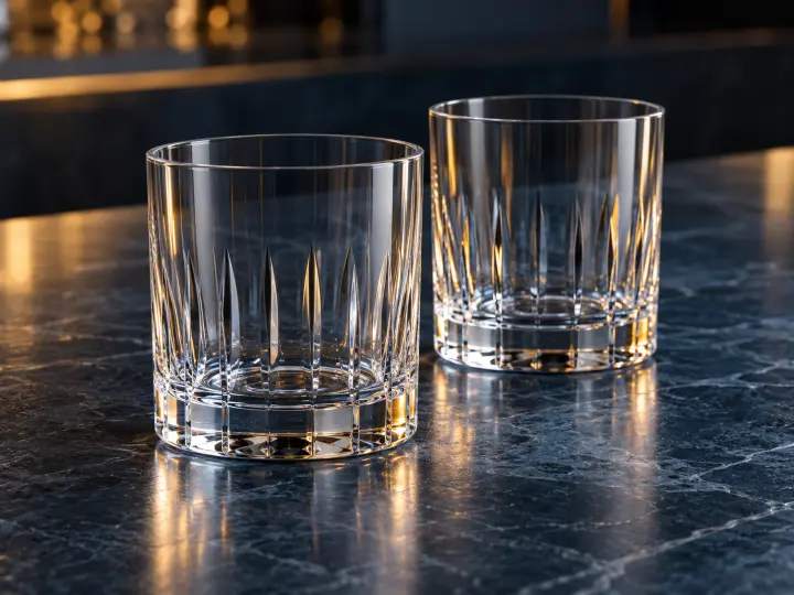 Two empty faceted whiskey tumblers on a dark stone counter in warm side light.