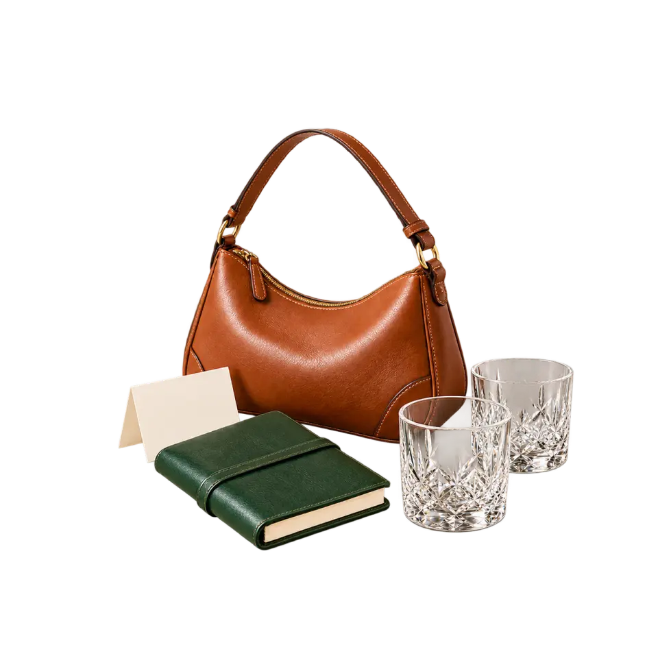 A cognac leather handbag, green leather journal and two faceted glasses arranged around a blank cream card.
