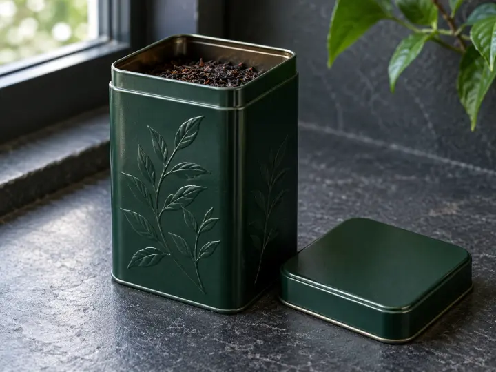 An open forest-green tea tin with loose tea inside and its lid beside it on a dark kitchen counter.