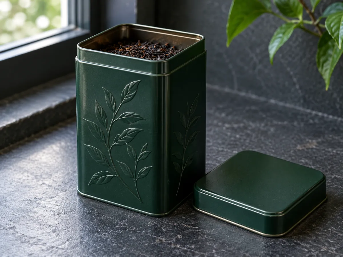 An open forest-green tea tin with loose tea inside and its lid beside it on a dark kitchen counter.