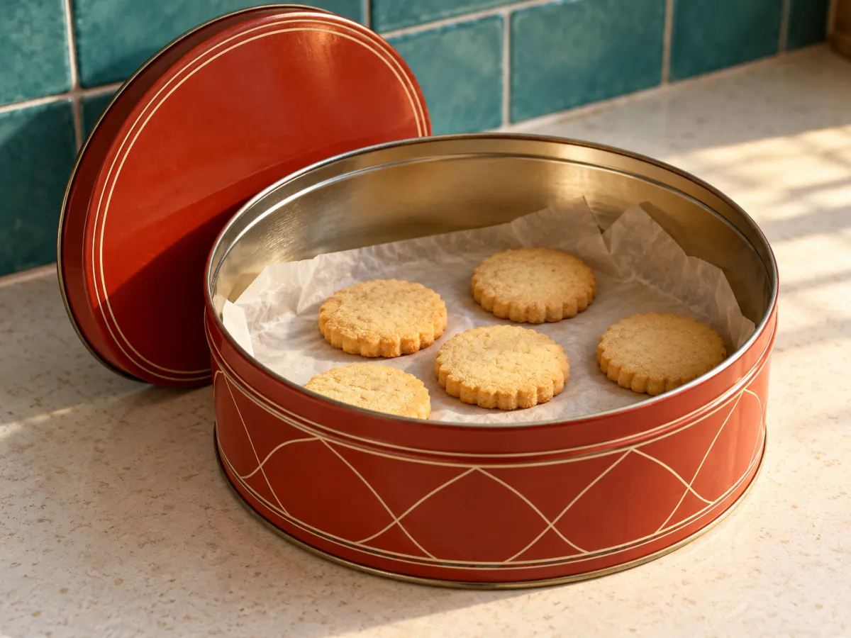 A round red biscuit storage tin with five biscuits on paper inside and its lid resting behind it.