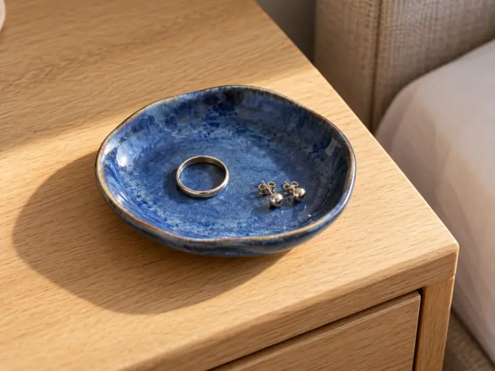 A cobalt-blue ceramic trinket dish on an oak bedside table holding a plain ring and two stud earrings.