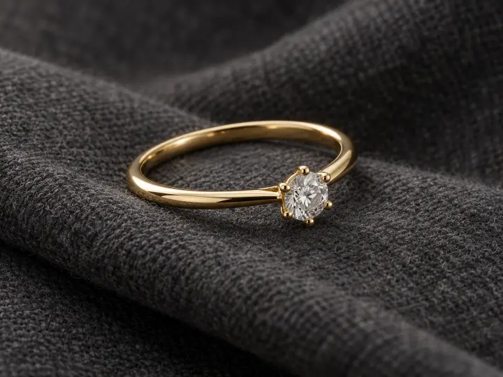 A single gold band with a modest clear diamond in a six-prong setting resting on charcoal wool.