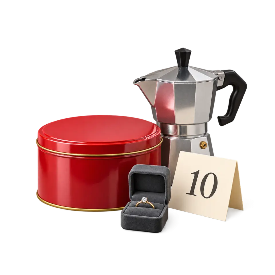 A red storage tin, an aluminum moka pot and an open ring box beside a cream card marked 10.
