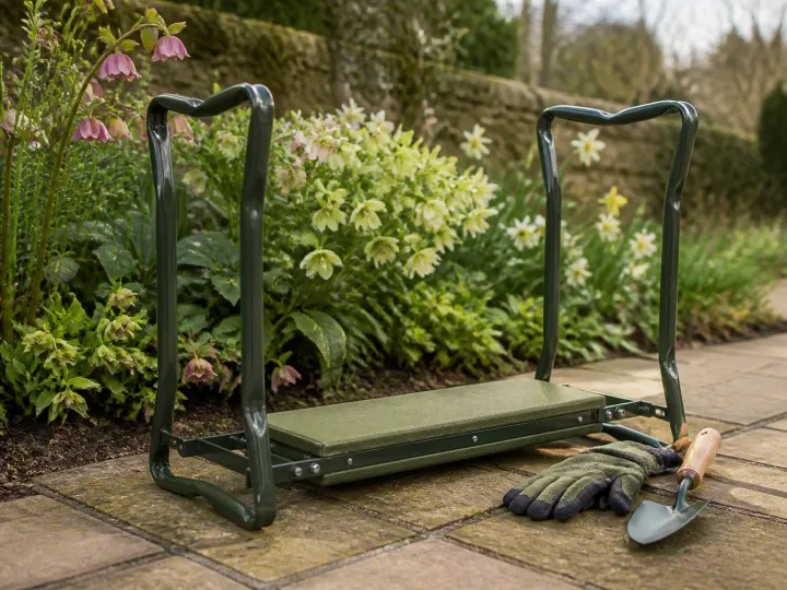 An olive-green folding garden kneeler with support handles beside gloves and a trowel.