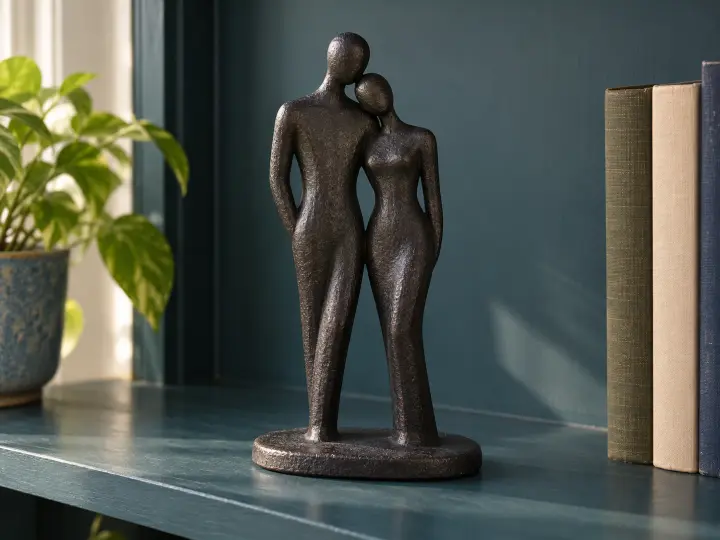 A small abstract iron couple sculpture on an oval base stands beside books on a teal shelf.