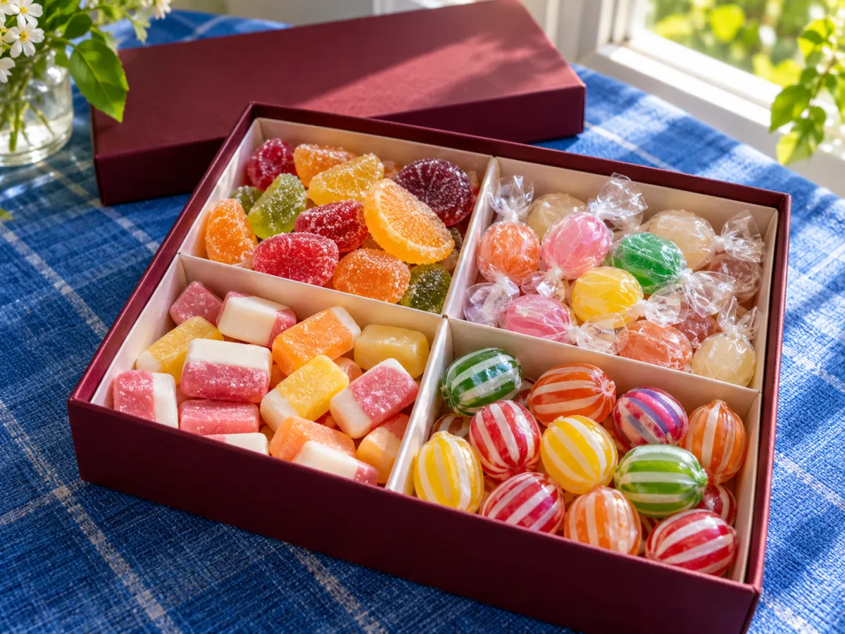 An open burgundy gift box holds fruit jellies, wrapped round candies, chewy pieces and striped hard candies on a blue cloth.
