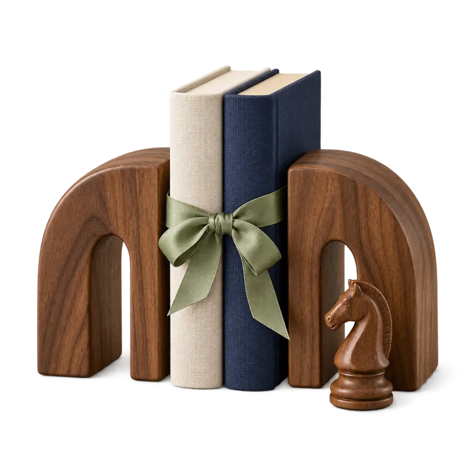 Two walnut bookends hold cream and navy books tied with sage ribbon, with a small wooden chess knight in front.