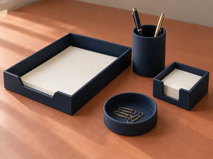 Four matching navy desk accessories hold cream paper, pens, notes and brass paperclips on a terracotta surface.