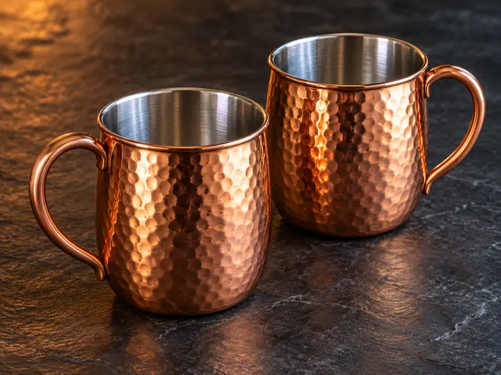 Two hammered copper mugs with silver-colored stainless steel interiors stand on a dark slate bar surface.