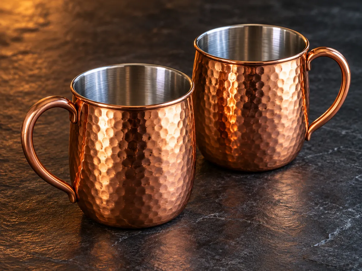 Two hammered copper mugs with silver-colored stainless steel interiors stand on a dark slate bar surface.