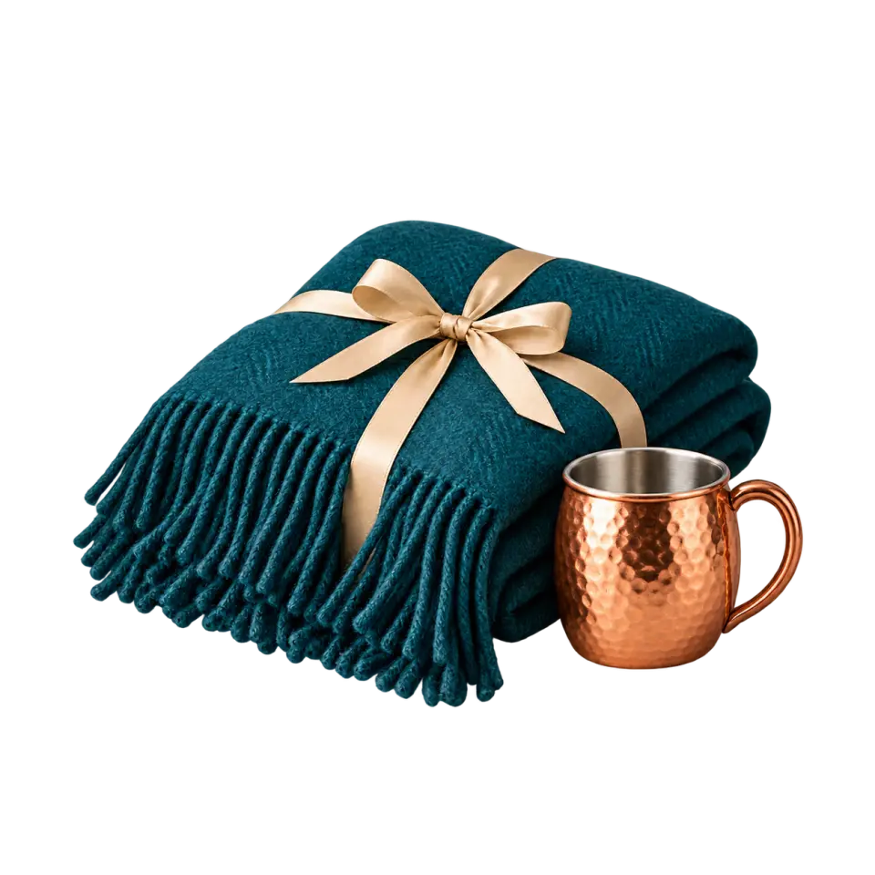 A folded teal wool throw tied with champagne ribbon sits beside a hammered copper mug with a stainless steel interior.