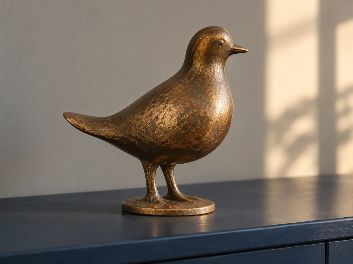 A small cast-bronze bird sculpture with two legs on an oval base, standing on a dark blue sideboard.