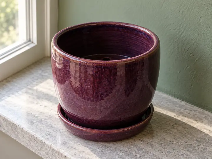 An empty aubergine ceramic plant pot on its matching saucer, with the open rim and drainage hole visible.